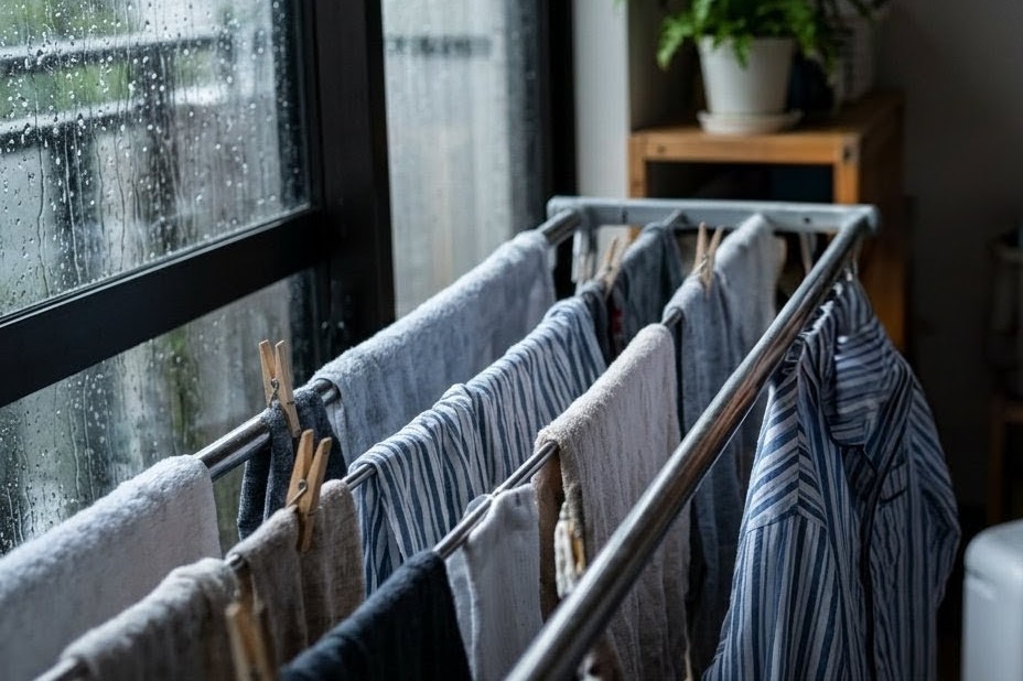 梅雨の洗濯物に悩む様子