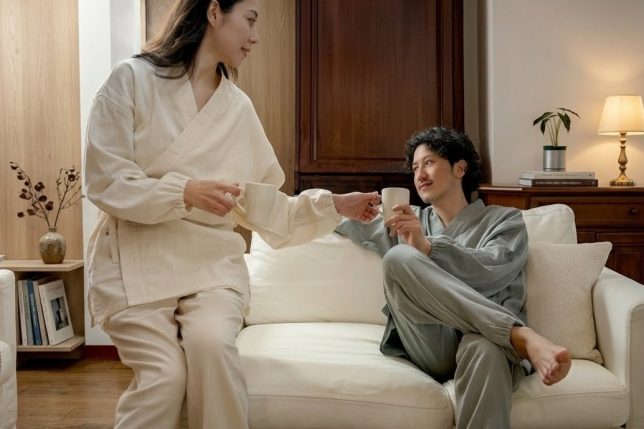 作務衣を着用してゆったり過ごす様子