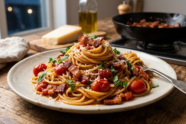 ベーコンとトマトのパスタ