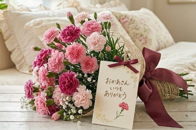 母の日のメッセージカードとカーネーション