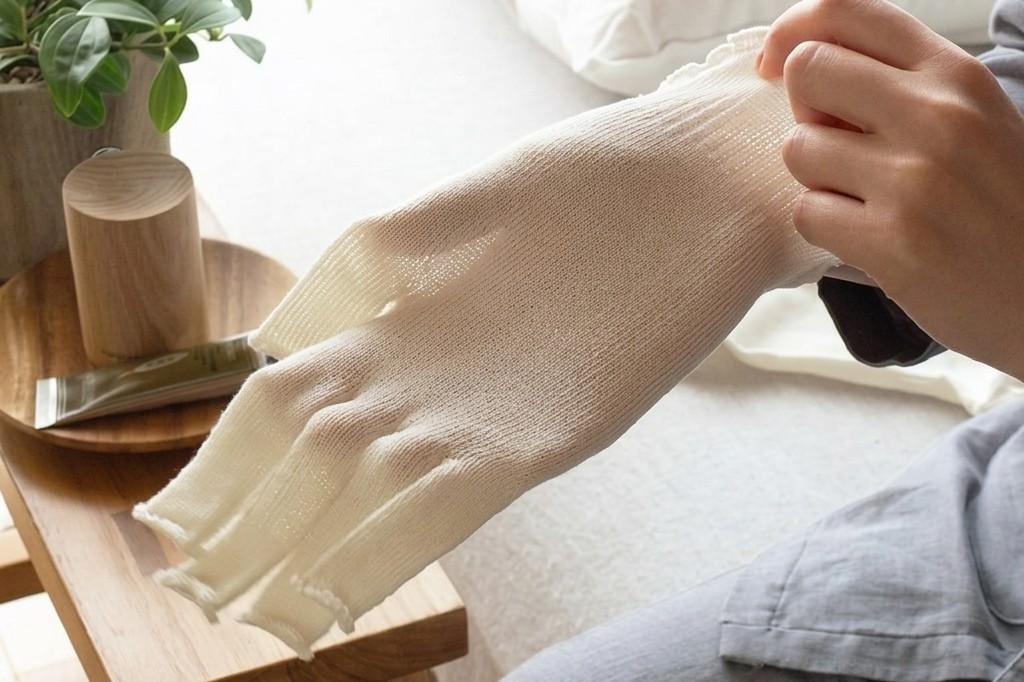手荒れ対策：寝ながら保湿できるシルク100％就寝用オープンフィンガー手袋