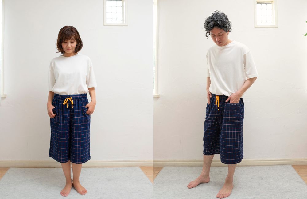 パジャマ屋IZUMM ストレッチ2重ガーゼ ノビーゼ®︎ UNO ハーフパンツ 男女兼用 着画